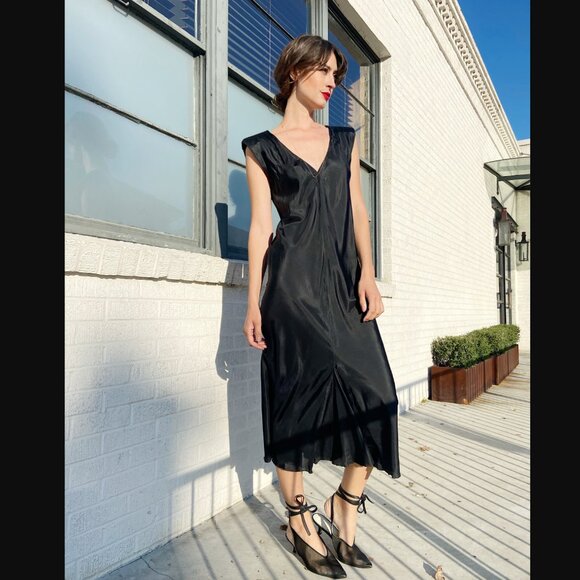 MARIAN CLAYDEN Pink Vintage 90s Black Tissue Silk Dress Padded Shoulders - Picture 2 of 5